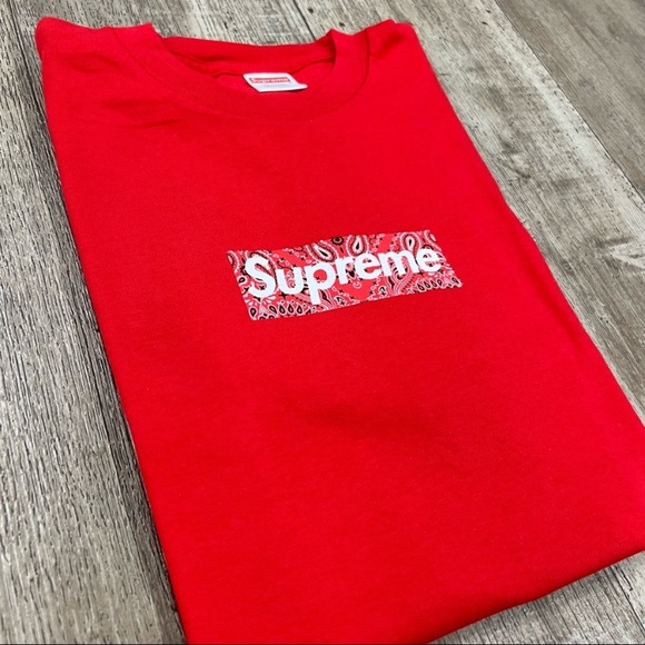 Supreme NWT Bandana Box Logo Tee FW19 Red Authentic Watermark New In Polybag - Picture 5 of 5
